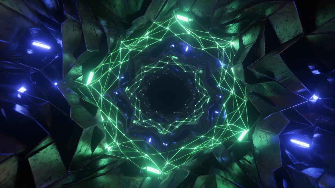 Abstract 3D Tunnel with Glowing Green Geometric Network Lines