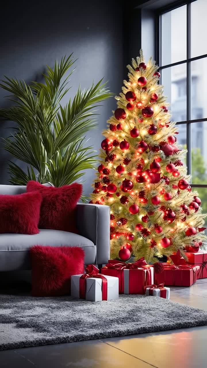 una sala de estar con un árbol de Navidad y regalos debajo de él