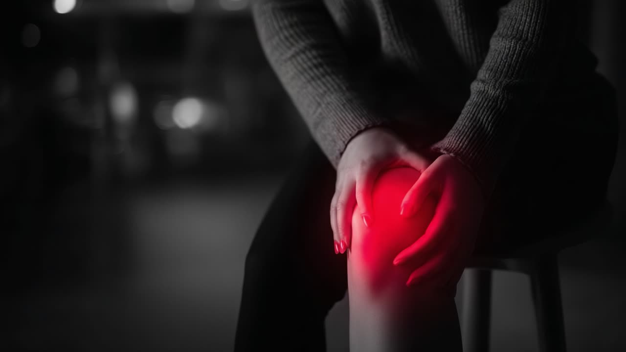 Capturing the Essence of Knee Discomfort: A Visual Exploration of Painful Sensations with Red Highlights in a Subtle and Artistic Black-and-White Context