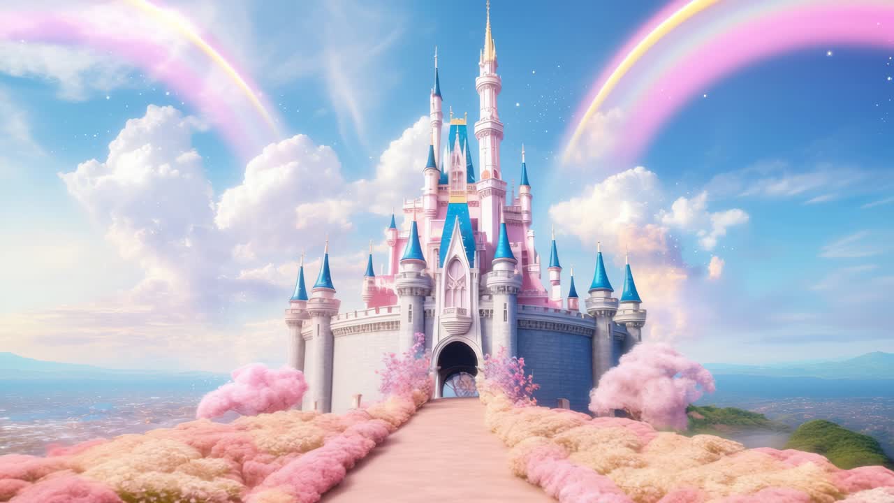 Whimsical castle with pastel hues and rainbows, viewed from a low angle