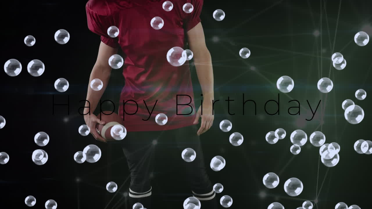 공을 들고 있는 백인 남성 미식축구 선수에 대한 생일 축하 문자 및 거품의 애니메이션