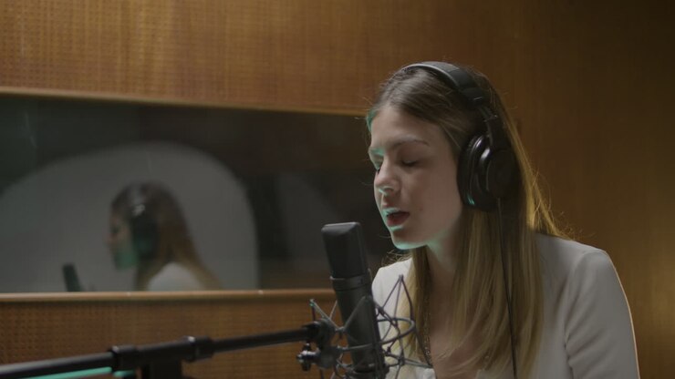 Bella cantante al lavoro in uno studio musicale.
