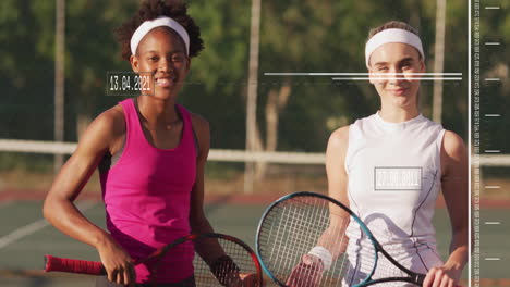 two teammates holding rackets and smiling on tennis court, with animated fitness chart overlay