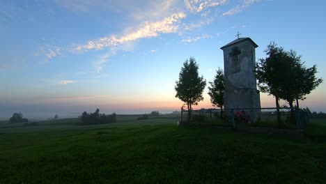 Aerial-shot-around-a-catholic-shrine-during-sunrise-,-Poland