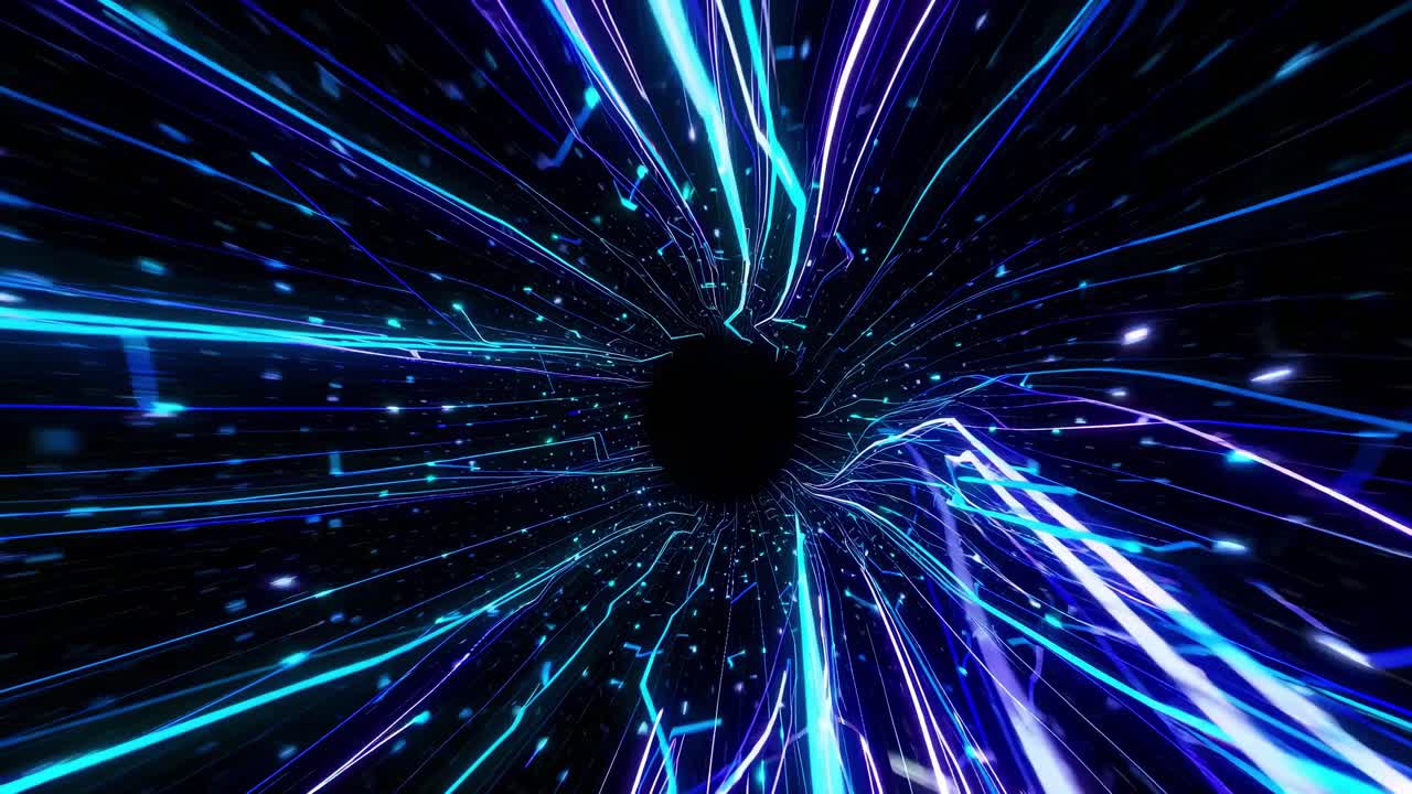 Concept video futuristico con linee blu al neon che formano un tunnel