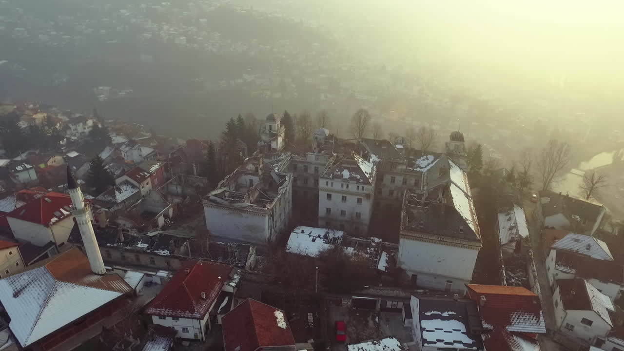 Aerial view of Sarajevo and a few mosque, Jajce Kasarna at sunset, Bosnia and Herzegovina