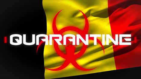 Animation-of-the-word-Quarantine-written-over-a-Belgian-flag-in-the-background.-