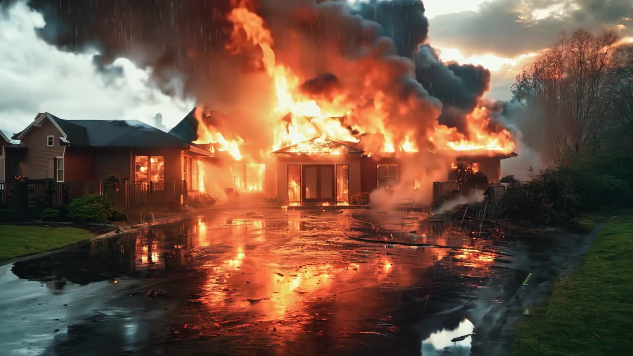 A house is on fire and the firemen are trying to put it out. The house is surrounded by water and the fire is very big