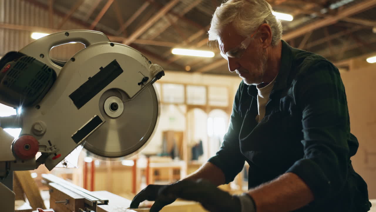 Carpenter Using Circular Saw in Workshop