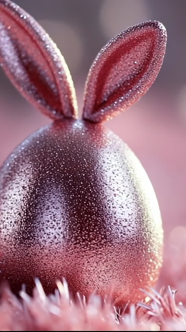 Bunny ear egg decor for spring. A shiny egg with bunny ears rests on a bed of pink tinsel, embodying the charm of spring celebrations.