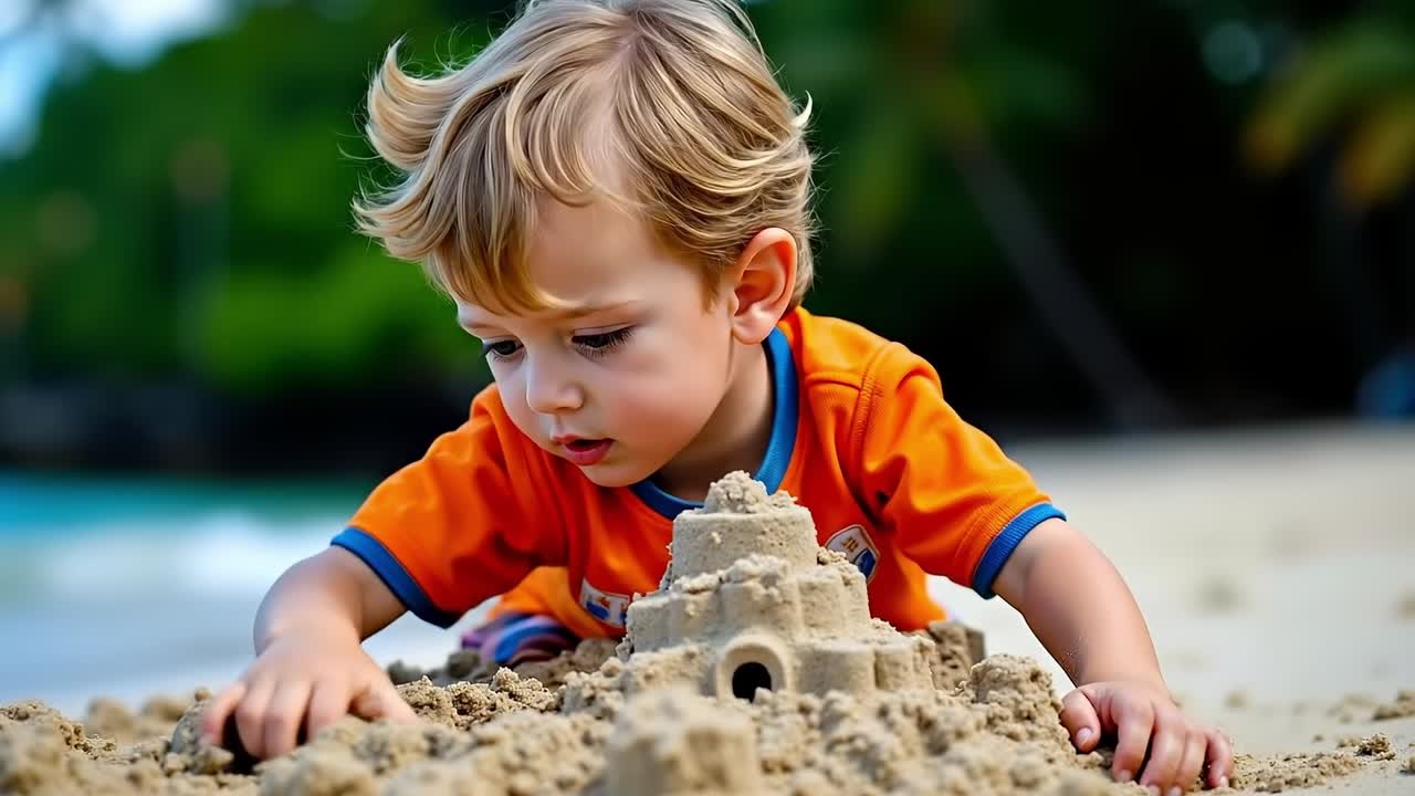 A small child playing in the sand on the beach