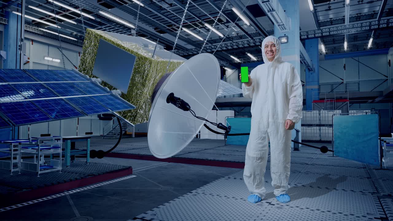 cuerpo lleno de científico masculino asiático sonriendo y mostrando pantalla verde teléfono inteligente mientras está de pie con la construcción de la nave espacial