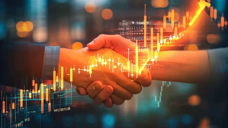 two people shaking hands in front of a stock market chart