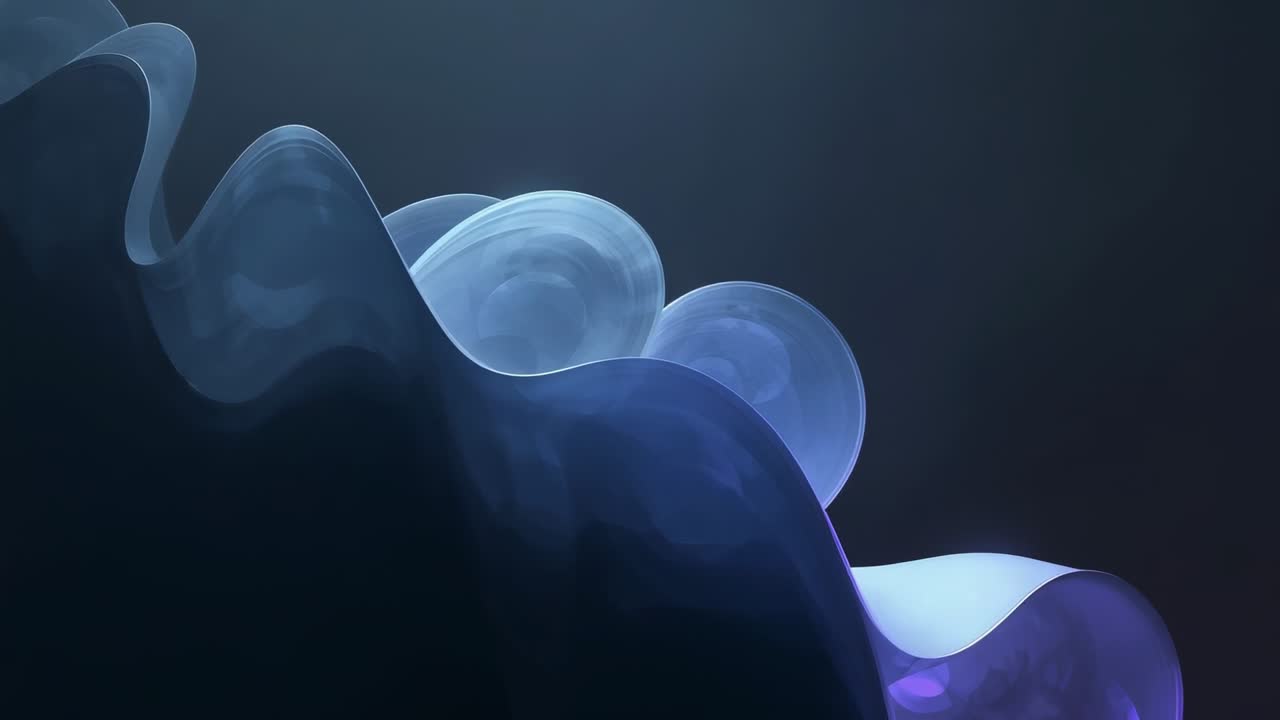 Waving ribbon lifting right after frame shift in digital studio, three glass spheres warming purple