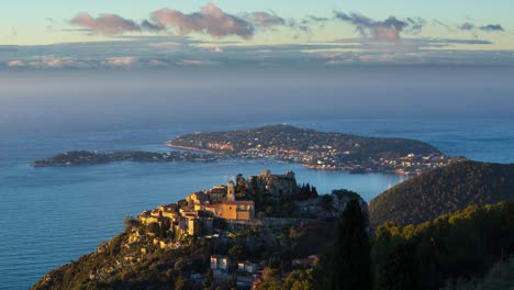 sunrise on hilltop village of eze, saint-jean-cap-ferrat. french riviera, cote d'azur, france