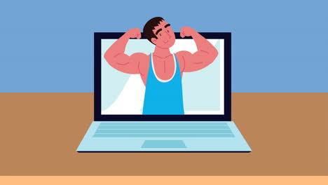 hombre fuerte en animación de portátil