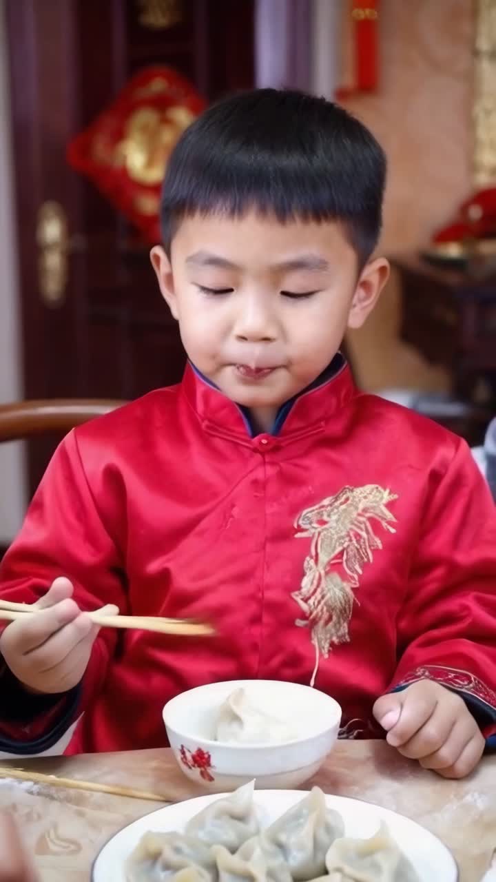 A young asian boy in a red Chinese outfit is eating dumplings with chopsticks.