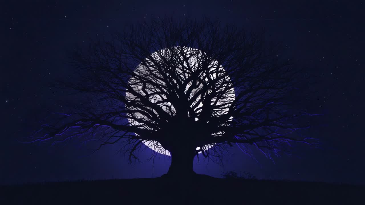 Rising full moon illuminating bare tree silhouette on rural field at night, with faint stars