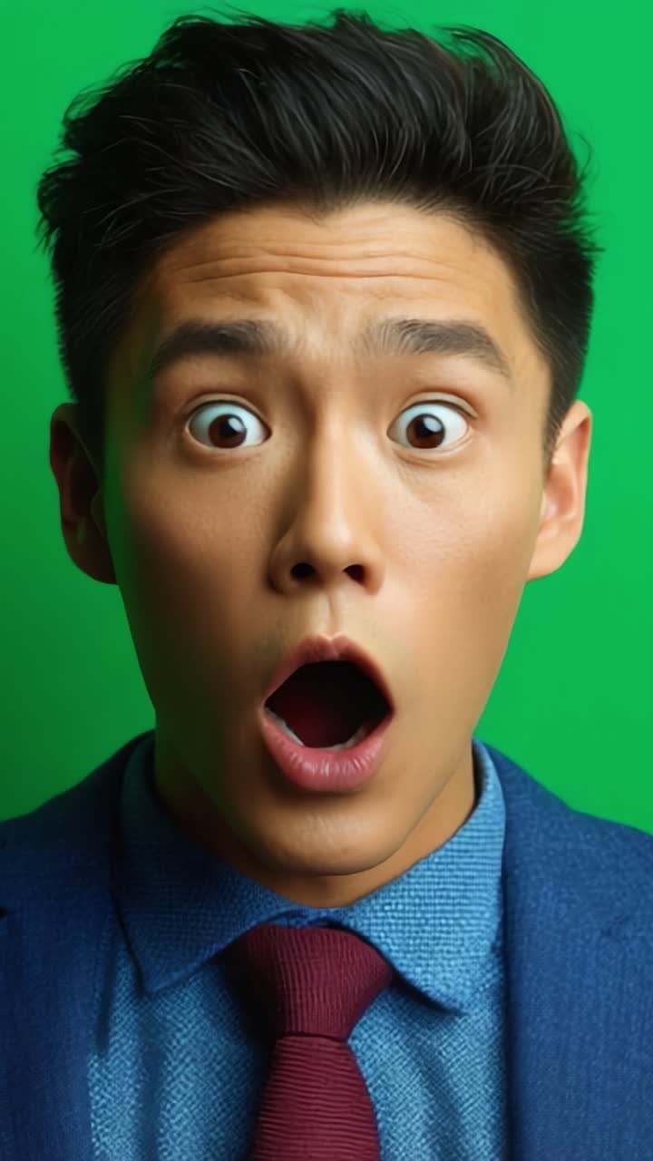 Surprised Reaction: A Captivating Expression of Shock and Awe, Captured in Vibrant Green Background Emphasizing Emotion and Human Experience