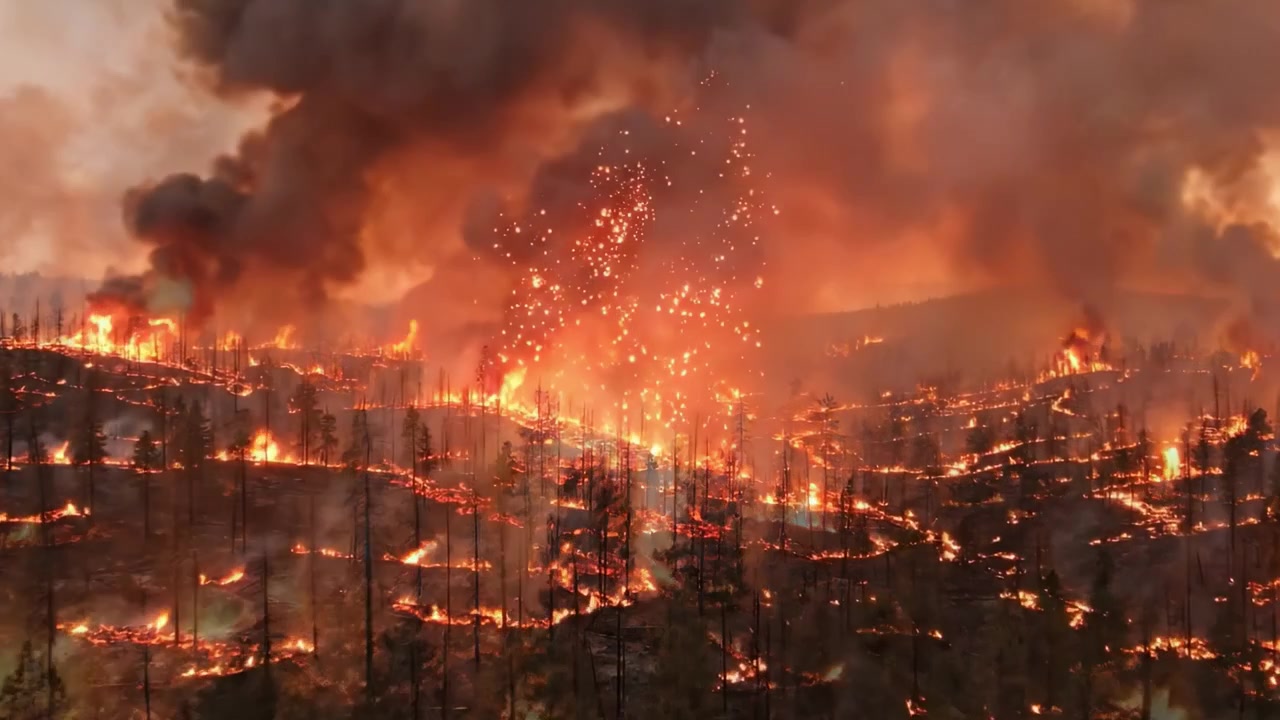 Devastante incendio boschivo avvolge il paesaggio forestale, trasformando la vegetazione un tempo lussureggiante in un inferno di fuoco con fiamme impetuose e nuvole di fumo che si innalzano