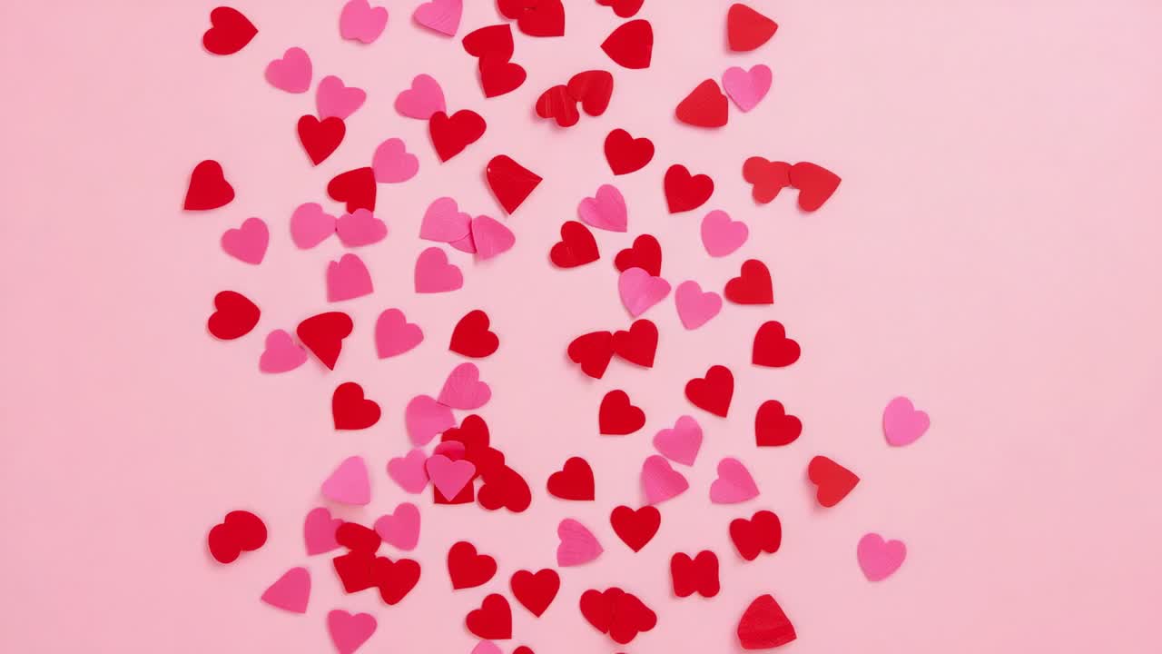 Flussi convergenti di cuori di carta rossi e rosa che spingono verso l'interno su un tavolo rosa pastello, formando una colonna