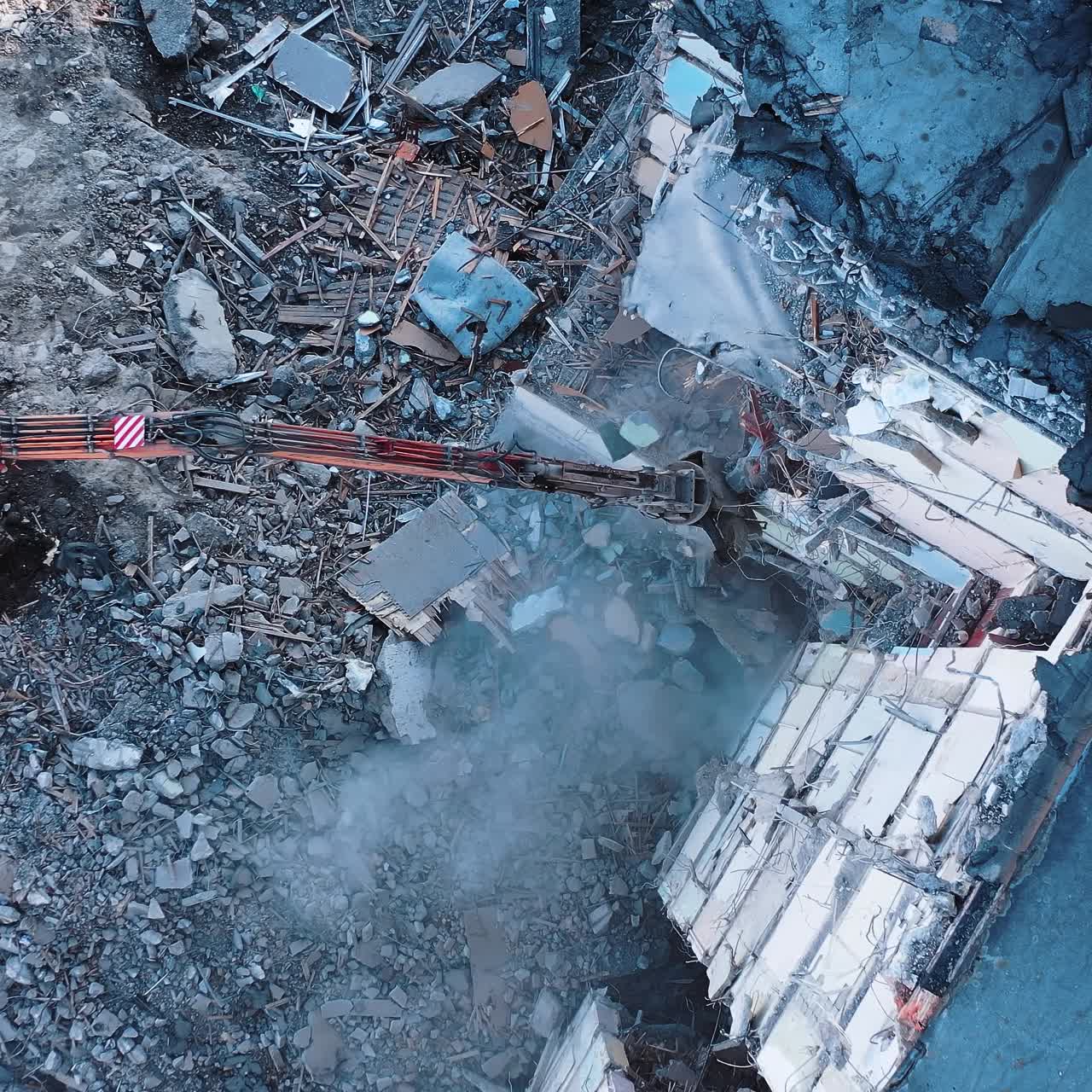 Outdoor ruined construction. Drone view destroyed nature collapse