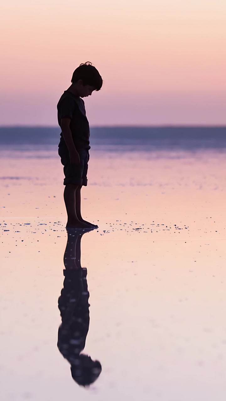 Verticale video: Jongen tuurt naar nat zand bij schemering, ziet zijn spiegelbeeld, draagt donkere korte broek.