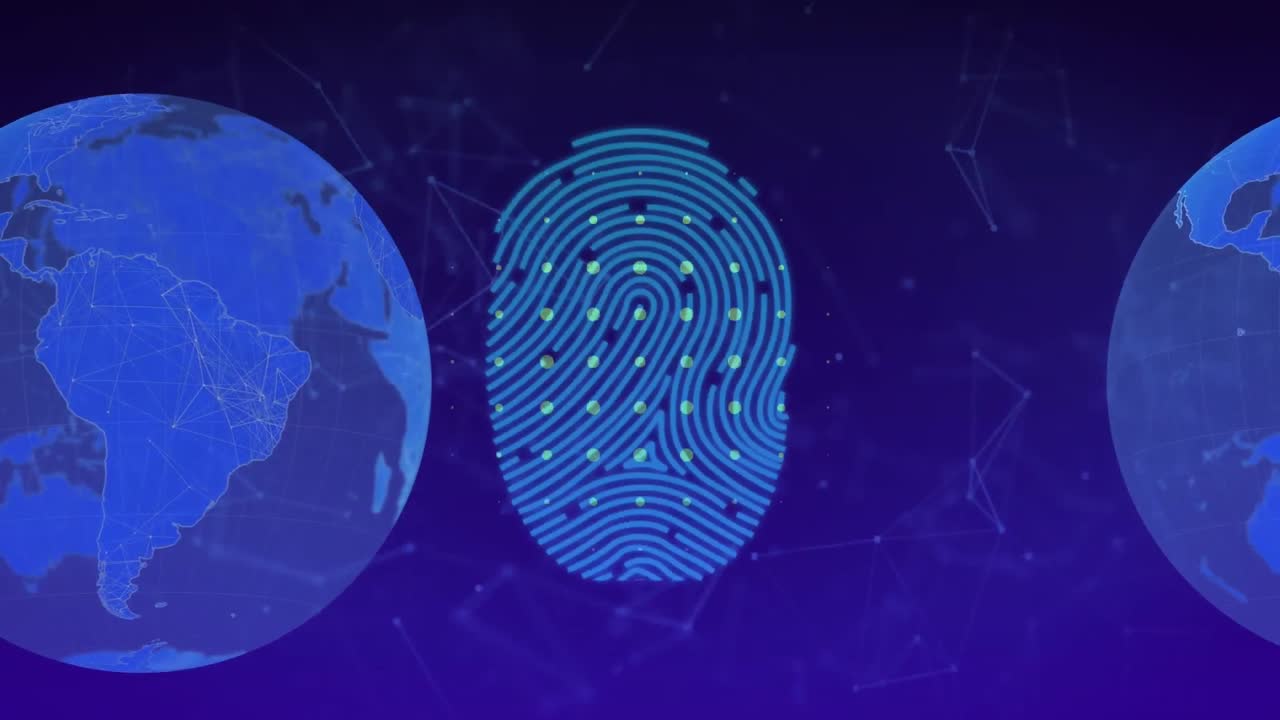 Animation de cadenas à empreintes digitales biométriques et d'un réseau de connexions sur un fond sombre