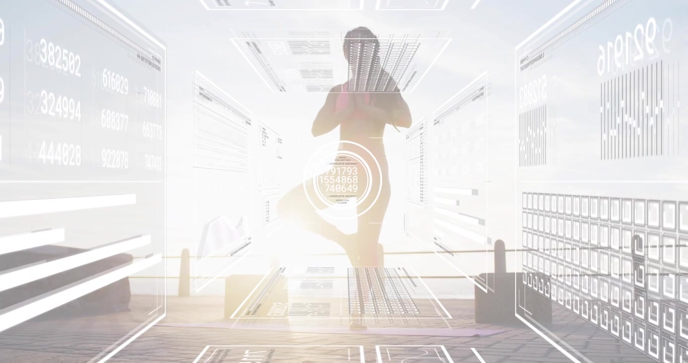 Sunrise glare fading woman balancing tree pose on deck as animated fitness HUD tracking posture