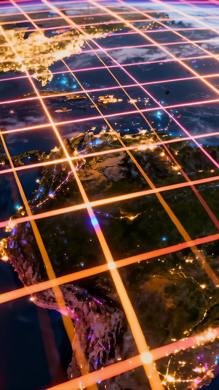 Vertical video: Panning camera revealing northern South America at night, mapping neon grid nodes