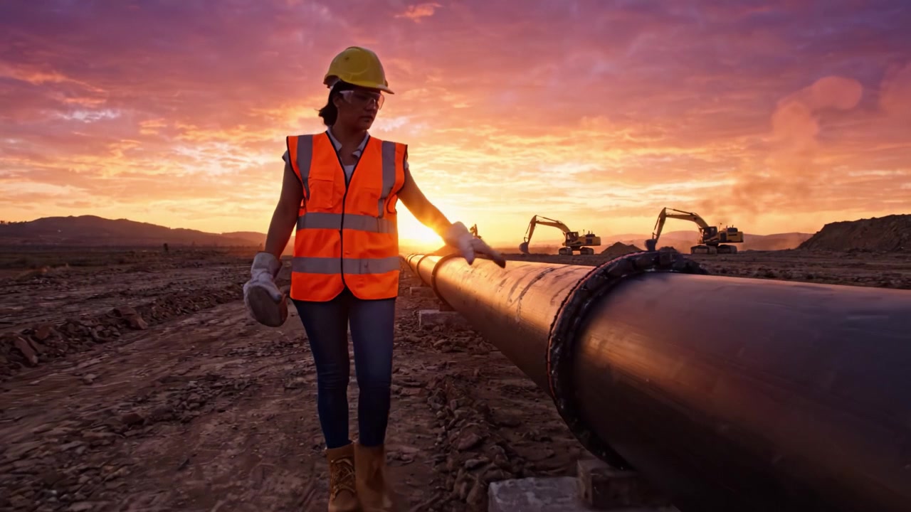 Un operaio con giubbotto di sicurezza e casco cammina lungo una condotta al tramonto, circondato da macchinari in un cantiere, mettendo in mostra la fusione tra sforzo umano e sviluppo industriale