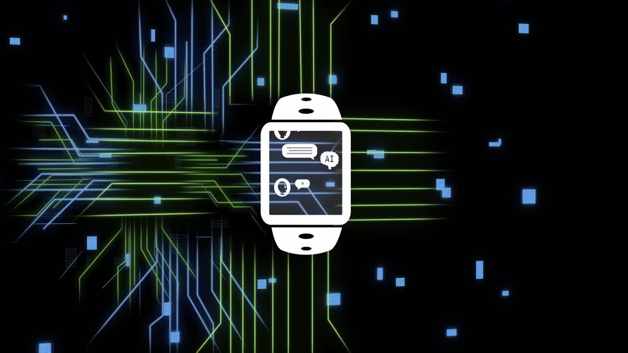 animación del procesamiento de datos de la ia a través de la pantalla del reloj inteligente y la placa de circuitos de la computadora