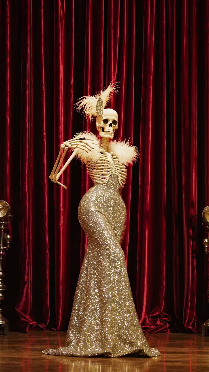 Skeleton model gracefully poses in sparkling gown with dramatic lighting and theatrical backdrop