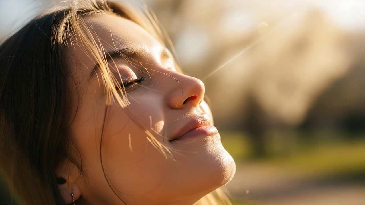 A Young Woman Enjoys a Beautiful Day Outdoors with the Sunlight Casting a Warm Glow on Her Face, Capturing a Moment of Joy and Serenity in Nature