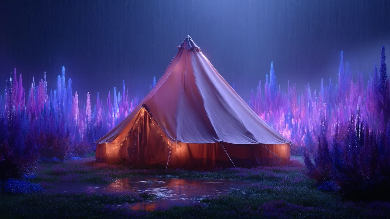 A Magical Tent Amidst Vibrant Flowers Under a Rainy Night Sky, Illuminated by Soft Lights Creating an Enchanting Atmosphere Filled with Wonder and Serenity