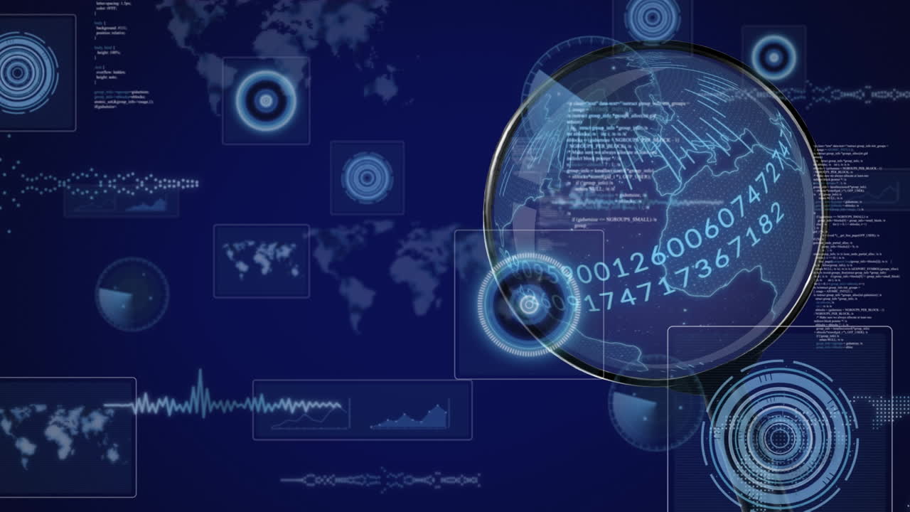 Animation of financial data processing and magnifying glass over navy background