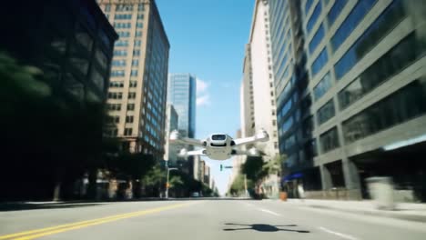 a futuristic flying vehicle glides through a bustling city, soaring between tall buildings under a clear blue sky. this remarkable scene demonstrates advancements in urban transportation.