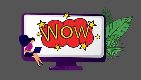 Digitale-Animation-Einer-Frau-Mit-Laptop-Und-Wow-Text-Auf-Dem-Computerbildschirm-Vor-Grauem-Hintergrund