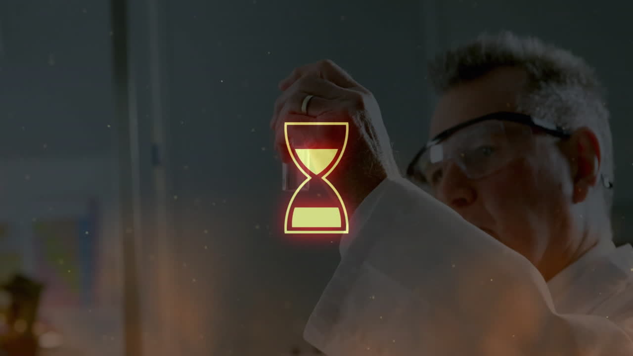 Examining glowing chemical reaction, scientist using animation overlay in laboratory