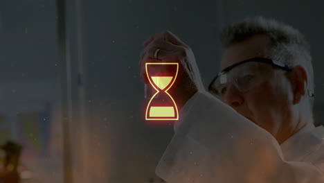 examining glowing chemical reaction, scientist using animation overlay in laboratory