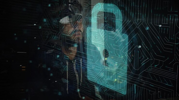 Elaborazione dati di cybersicurezza su sfondo di hacker uomo che usa il computer