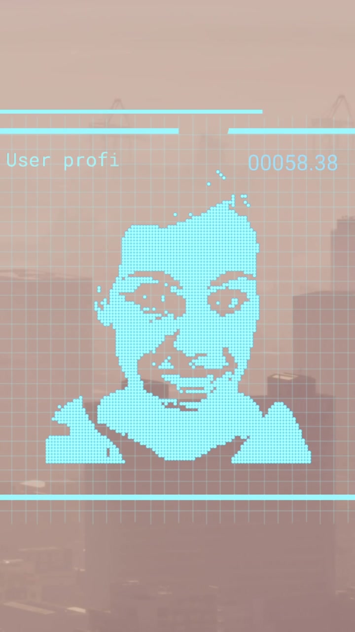 Biometrisen kuvan ja tiedonkäsittelyn animaatio kaupunkimaiseman yllä