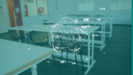 network of connections and data points animation over empty classroom