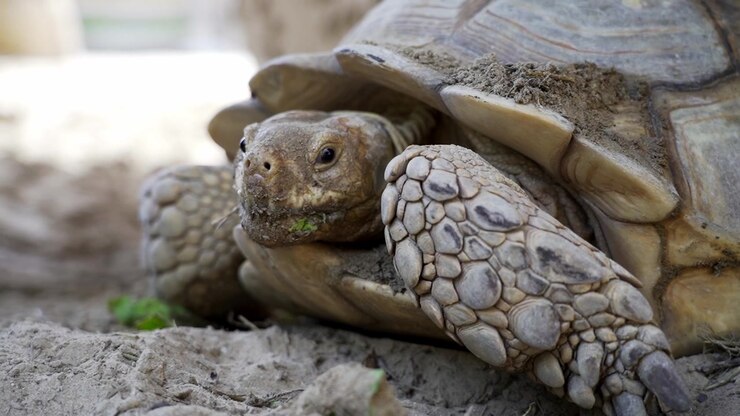 Close-up of a old tortoise while he's having his meal and resting in 50FPS