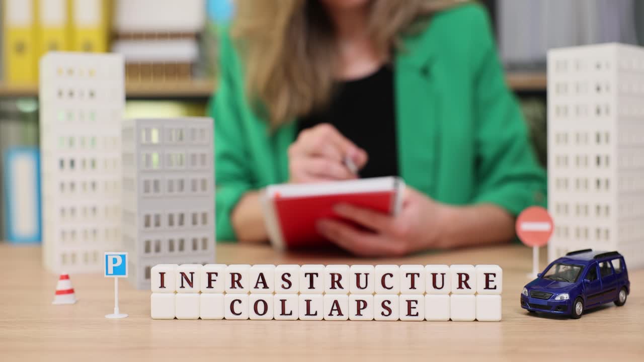 Infrastructure Collapse Concept with Buildings, Car, and Woman