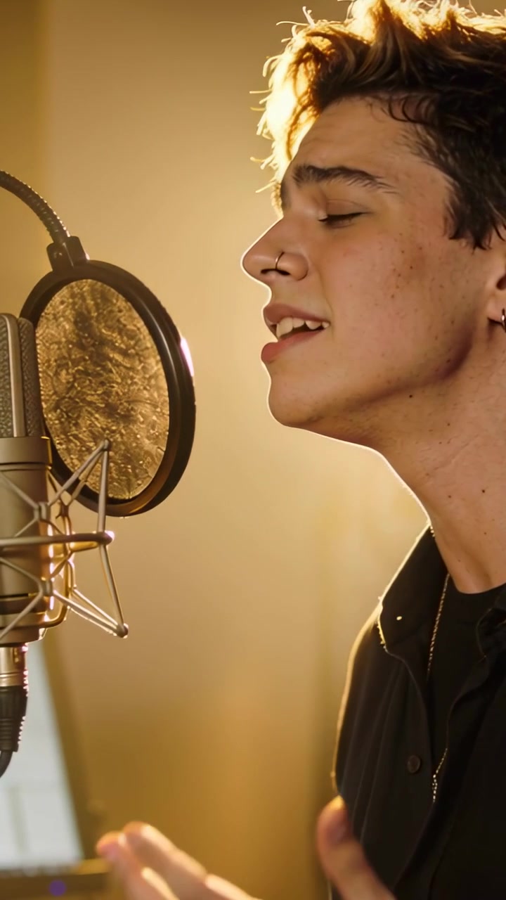 Video verticale: Cantante che inizia a cantare a tempo, chinato su microfono da studio con filtro anti-pop, camicia scura