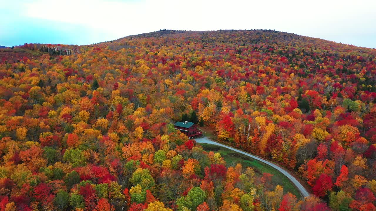vista aérea de una casa de campo escondida en medio de un colorido paisaje forestal