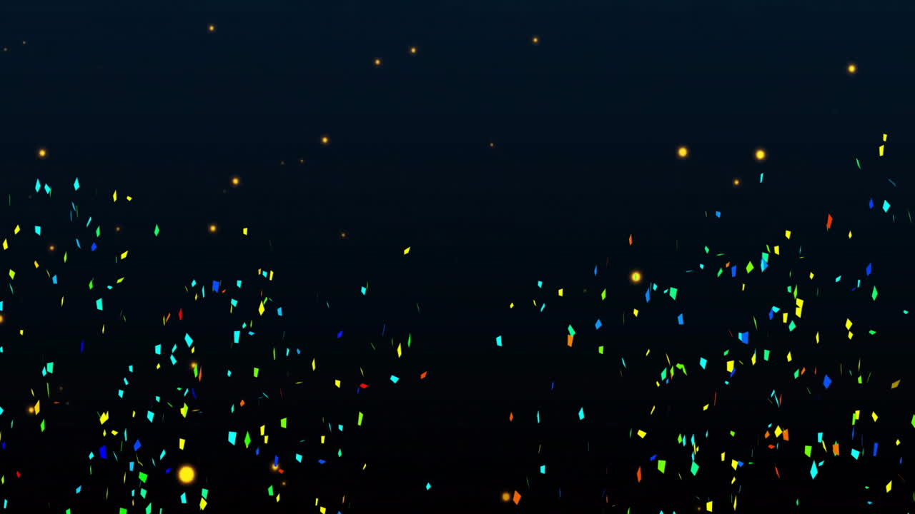 빛나는 입자와 함께 어두운 배경에 다채로운 콘페티 떨어지는 애니메이션
