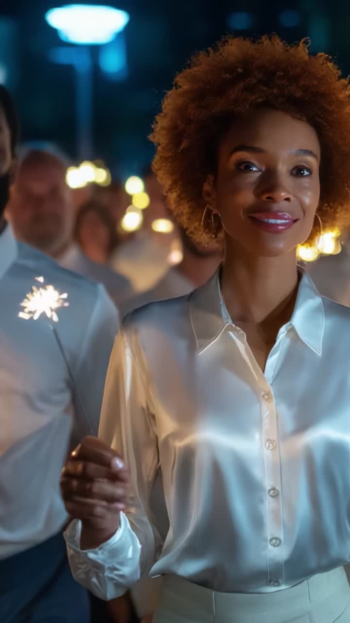 Una celebrazione gioiosa illuminata da candele, che mostra una donna con un sorriso radioso tra la folla, catturando la magia della connessione e dei momenti condivisi