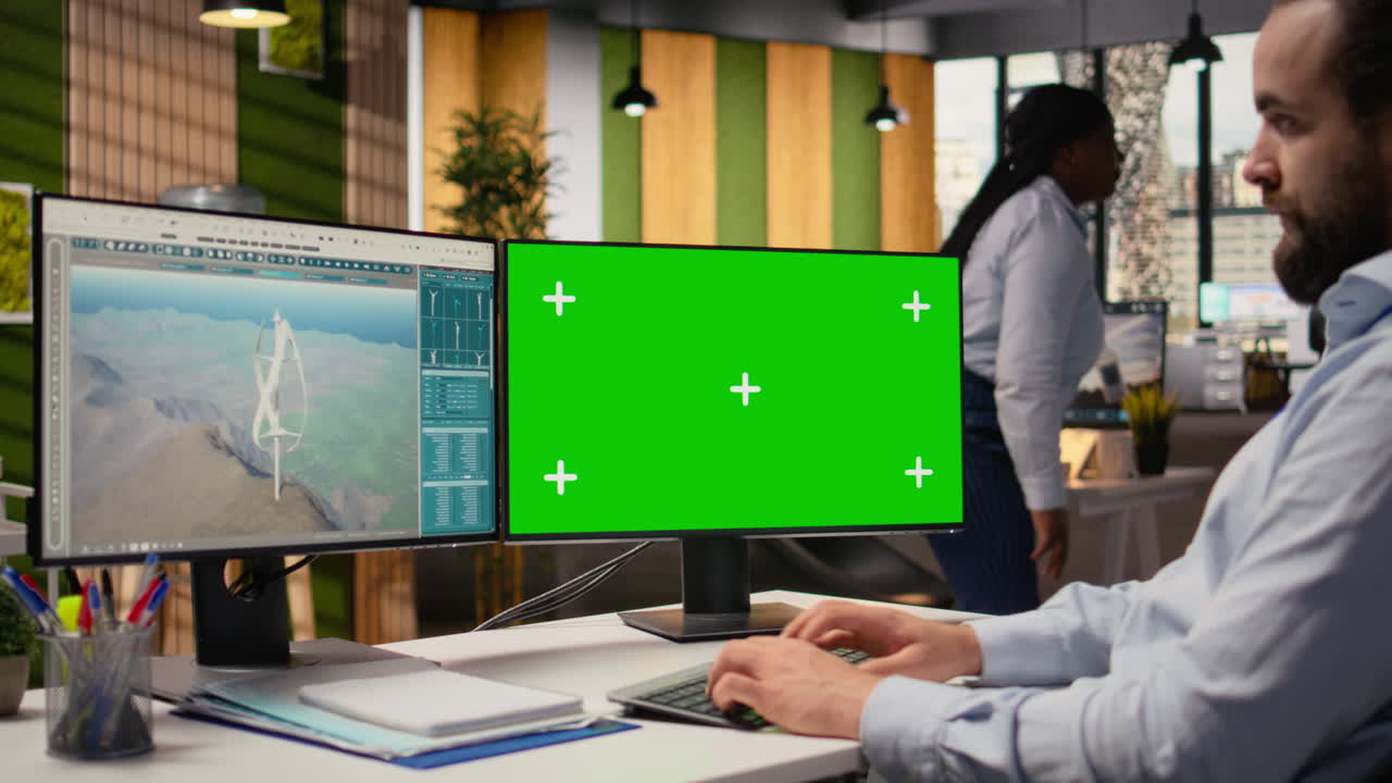 Ingegnere che lavora a un concetto di turbina eolica futuristica su un PC con schermo verde.